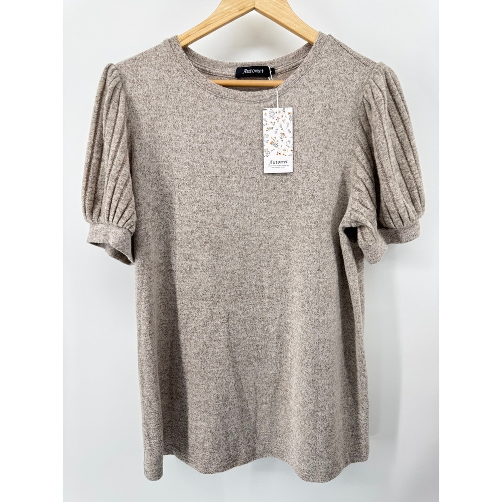 Womens L Puff Short Sleeve Crewneck Top Heather Beige Fall NWT